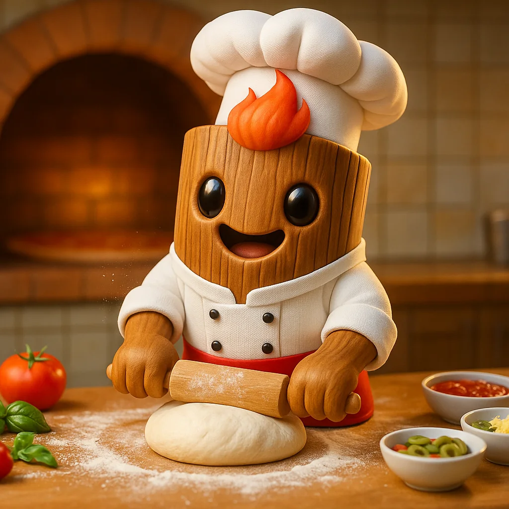 Tronqui preparando pizza con su gorro de chef y rodillo
